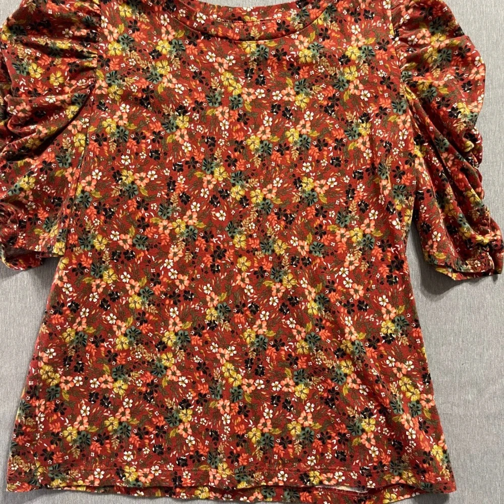 LOFT Women Top S Red Floral Puff Sleeve Ruched Cotton Knit 569071 SP21